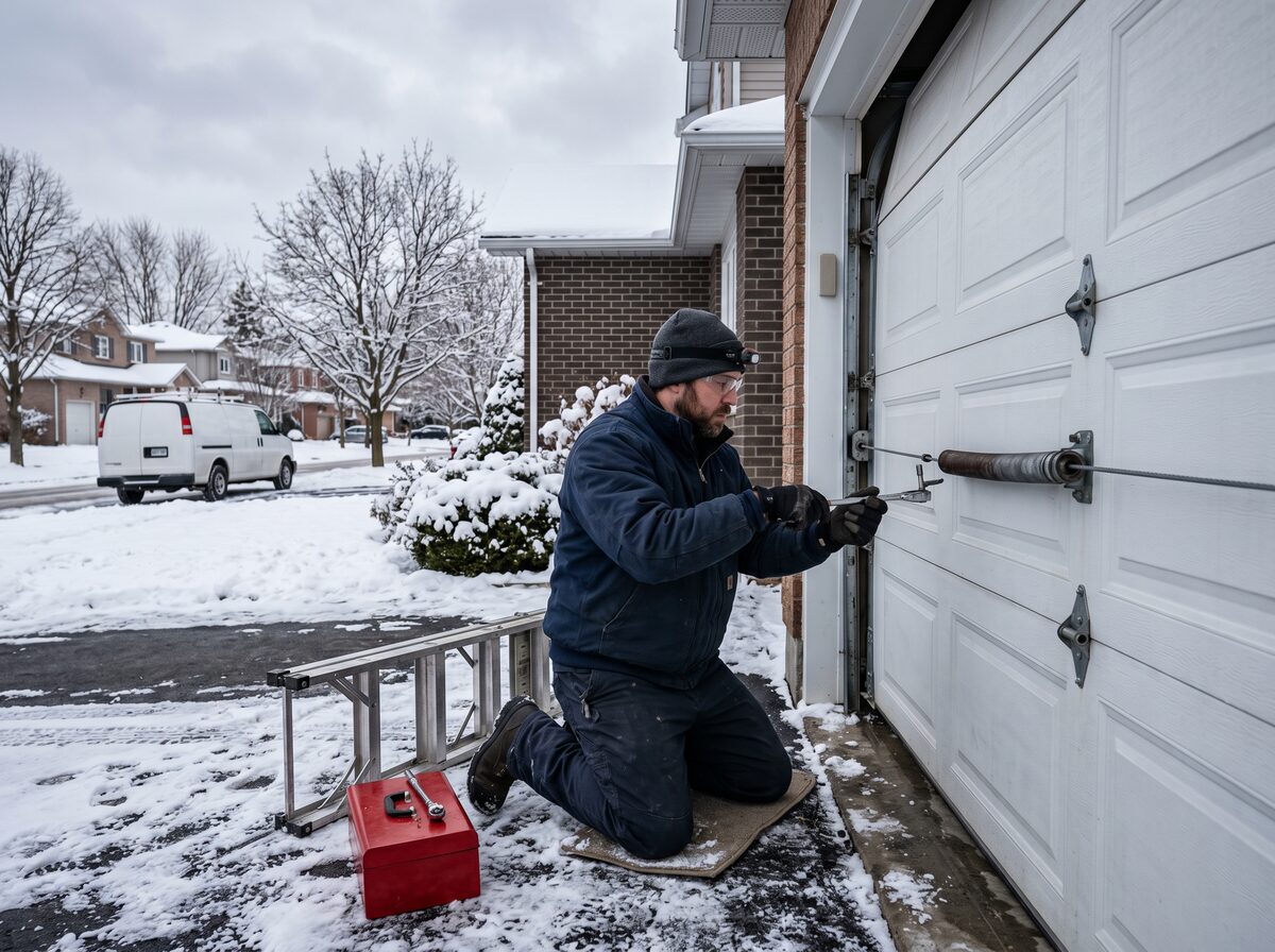 Garage door repair technician fixing a residential garage door in Barrie, Ontario