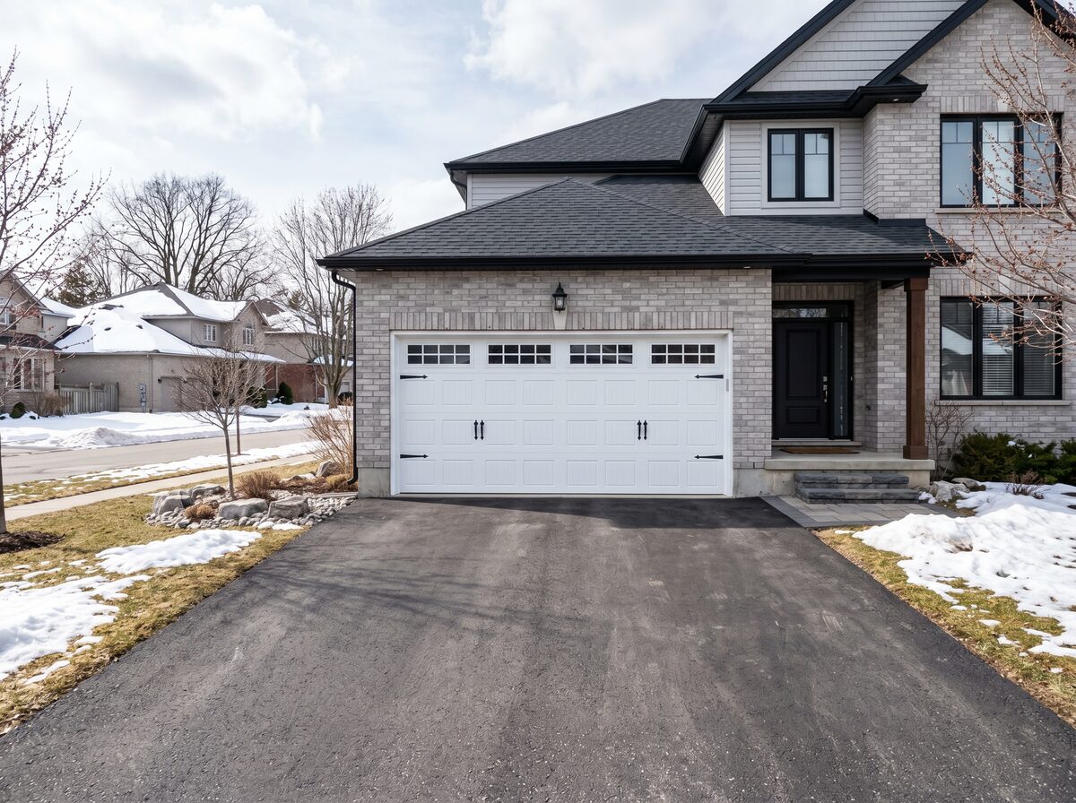 Newly installed insulated residential garage door on a Barrie, Ontario home